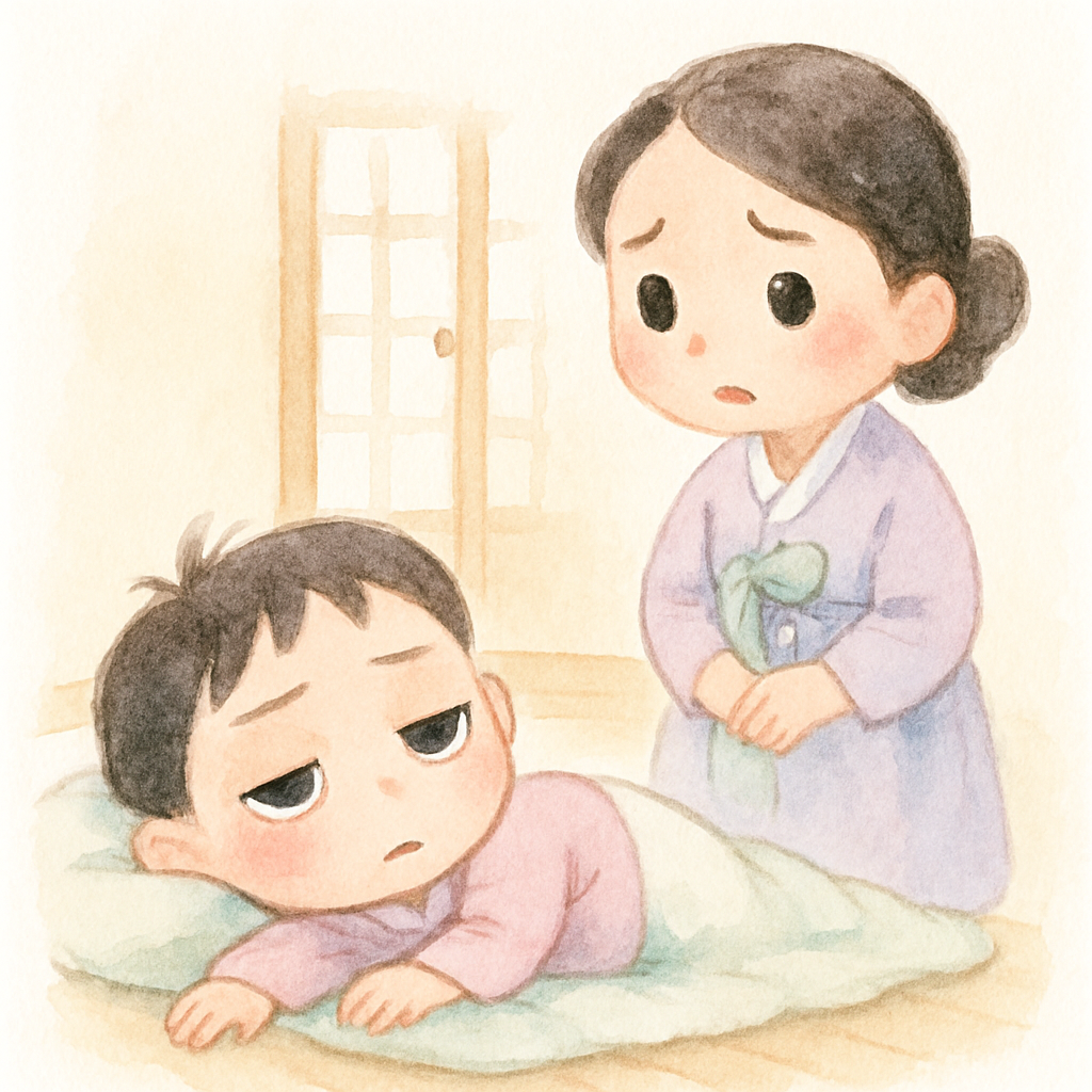 방에 누워만 있는 게으른 아이와 깨우려는 엄마